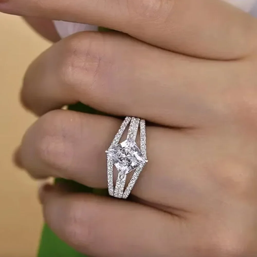 NEW 18k White Gold Diamond Princess Cut Multi Layer Ring Band Statement Ring